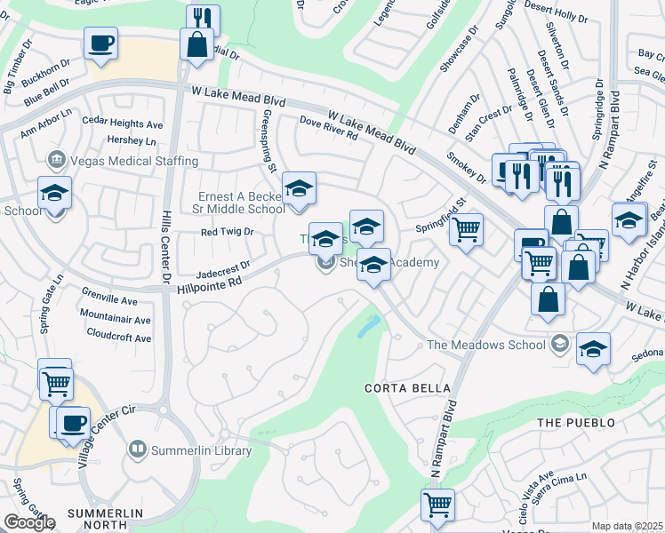 map of restaurants, bars, coffee shops, grocery stores, and more near 9001 Hillpointe Road in Las Vegas