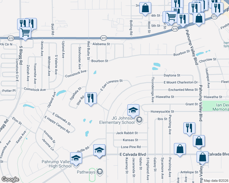 map of restaurants, bars, coffee shops, grocery stores, and more near 1401 South Saddle Court in Pahrump