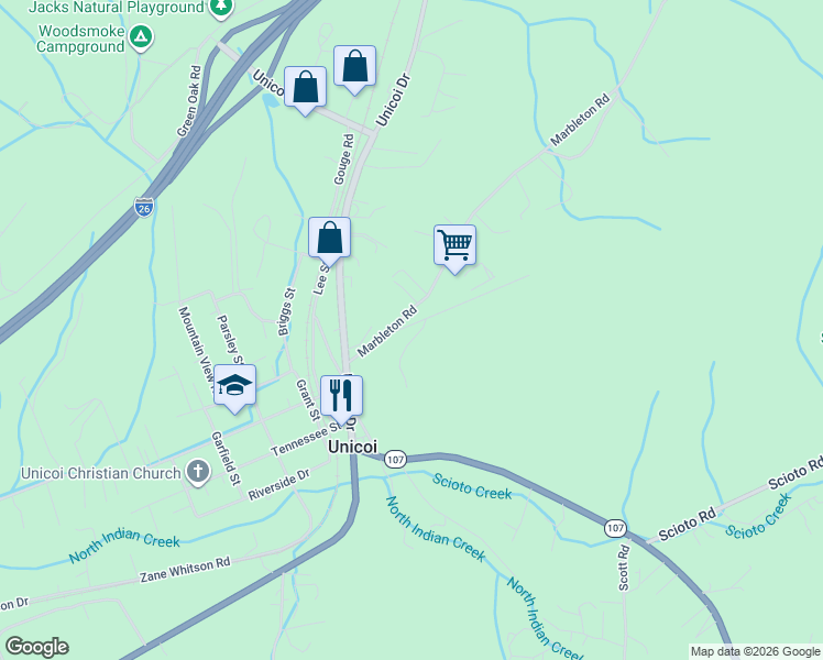 map of restaurants, bars, coffee shops, grocery stores, and more near 300 Marbleton Road in Unicoi
