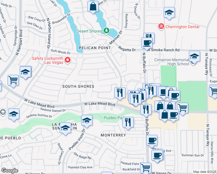 map of restaurants, bars, coffee shops, grocery stores, and more near 7821 Waterfalls Avenue in Las Vegas