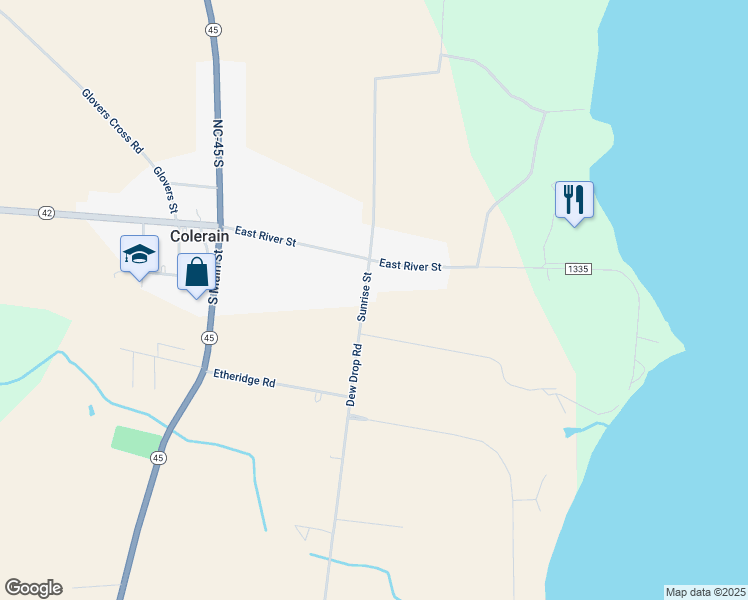 map of restaurants, bars, coffee shops, grocery stores, and more near 109 Sunrise Street in Colerain