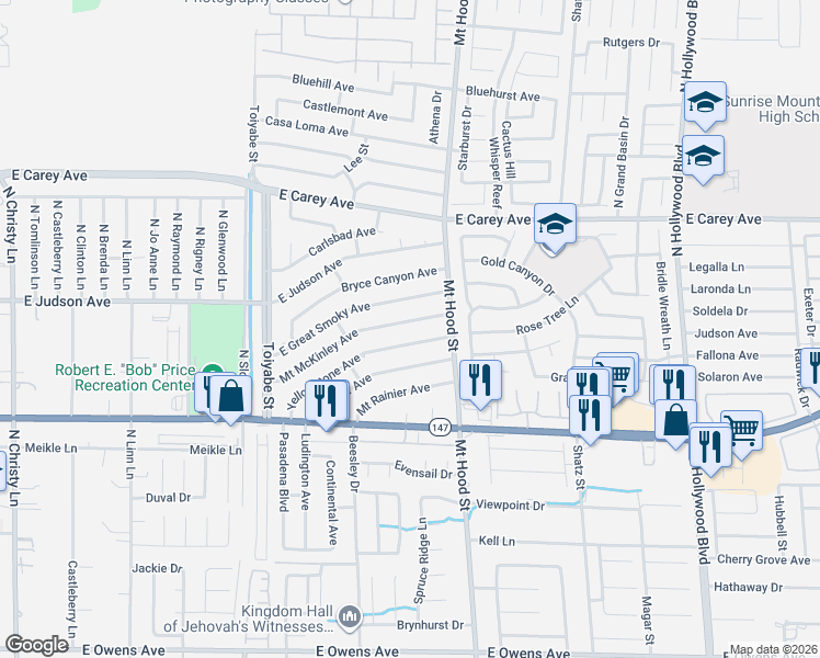map of restaurants, bars, coffee shops, grocery stores, and more near 6178 Mount McKinley Avenue in Las Vegas