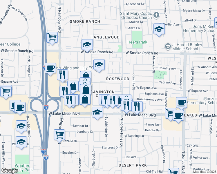 map of restaurants, bars, coffee shops, grocery stores, and more near 2132 Chertsey Drive in Las Vegas