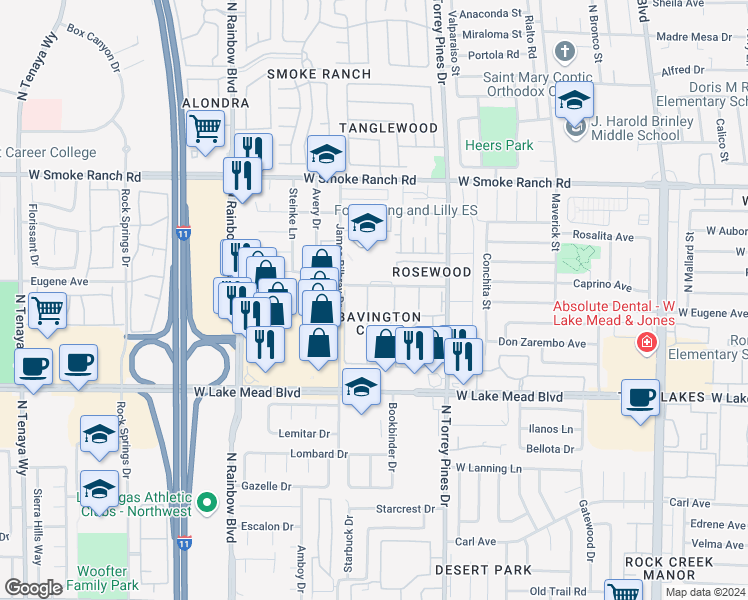 map of restaurants, bars, coffee shops, grocery stores, and more near 2132 Willowbury Drive in Las Vegas