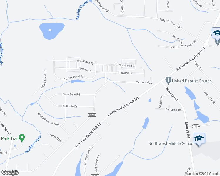 map of restaurants, bars, coffee shops, grocery stores, and more near 1701 Thornwood Lane in Pfafftown