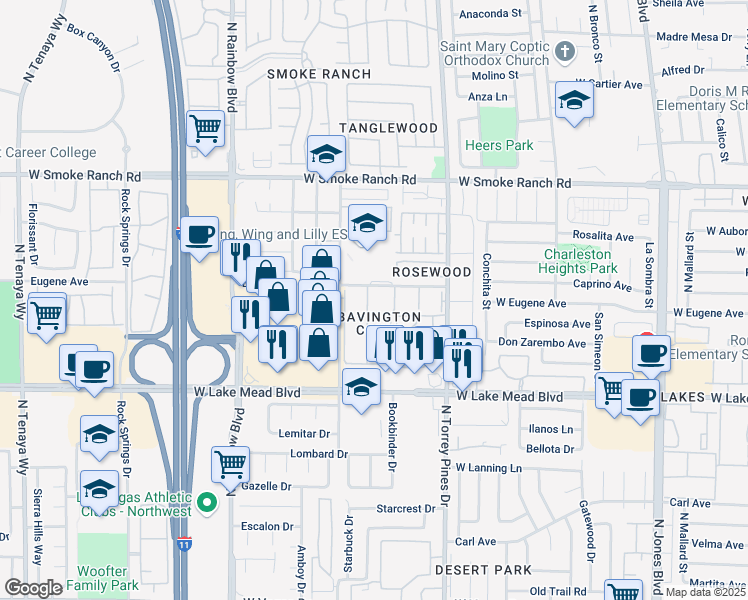 map of restaurants, bars, coffee shops, grocery stores, and more near 2132 Willowbury Drive in Las Vegas