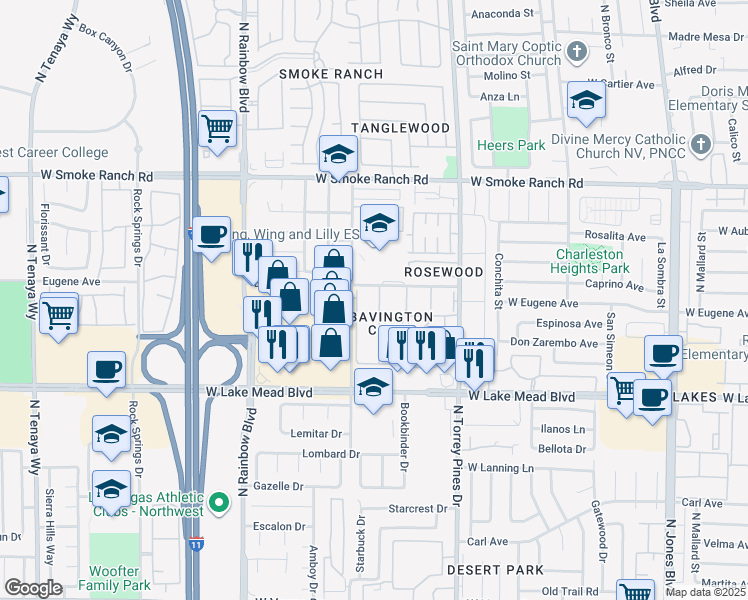 map of restaurants, bars, coffee shops, grocery stores, and more near 2133 Willowbury Drive in Las Vegas