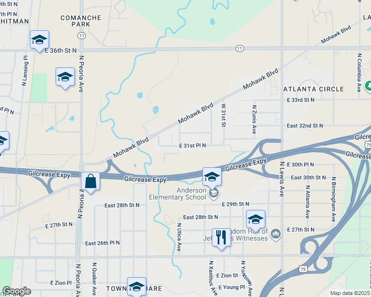 map of restaurants, bars, coffee shops, grocery stores, and more near 1710 East 31st Place North in Tulsa