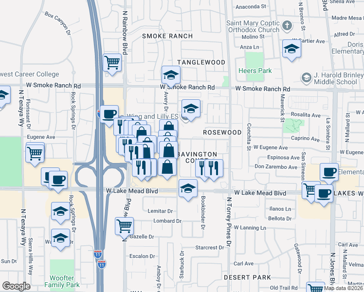 map of restaurants, bars, coffee shops, grocery stores, and more near 2132 Bavington Drive in Las Vegas