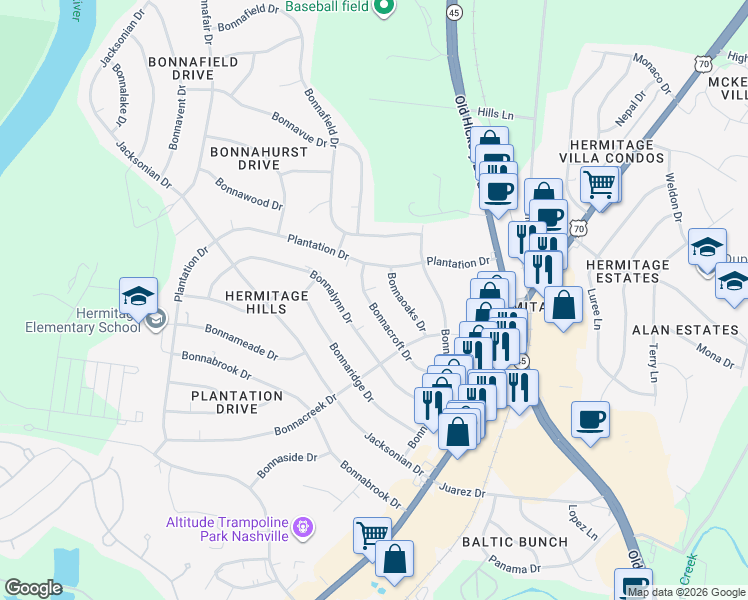 map of restaurants, bars, coffee shops, grocery stores, and more near 237 Bonnacroft Drive in Nashville