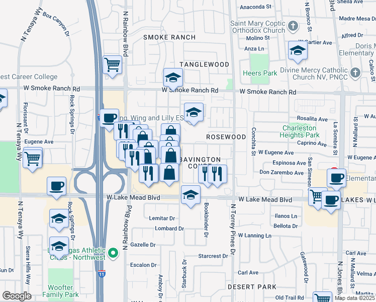 map of restaurants, bars, coffee shops, grocery stores, and more near 2128 Bavington Drive in Las Vegas