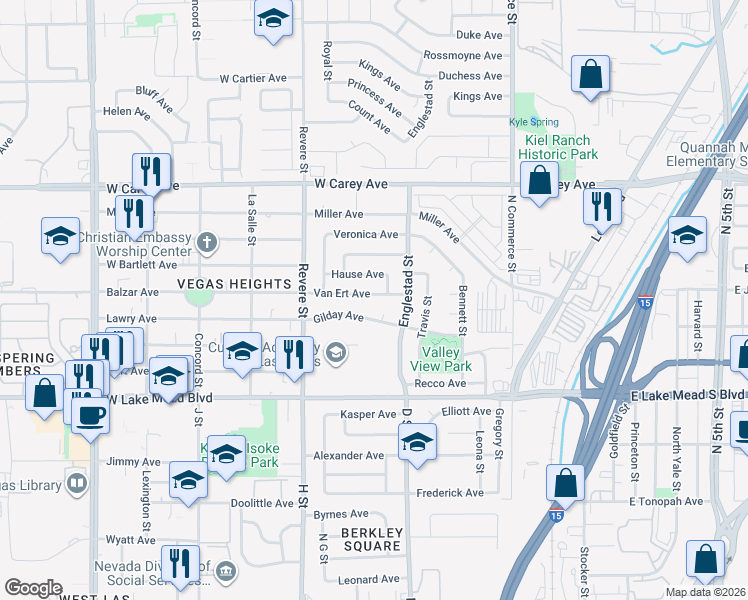 map of restaurants, bars, coffee shops, grocery stores, and more near 628 Van Ert Avenue in North Las Vegas