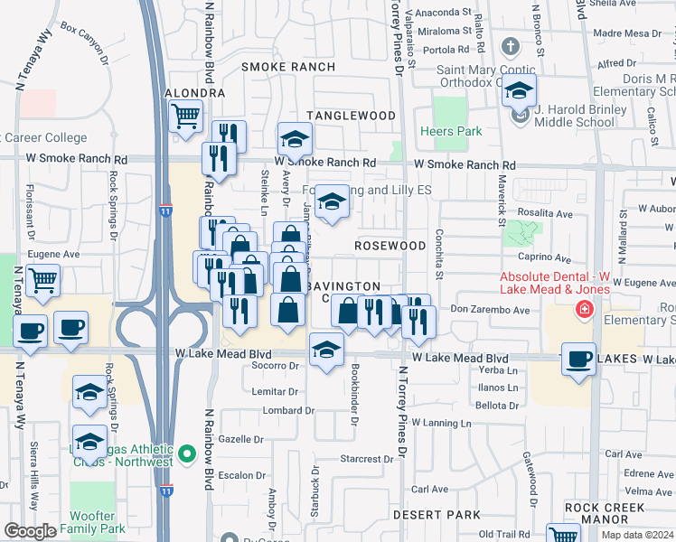 map of restaurants, bars, coffee shops, grocery stores, and more near 2140 Willowbury Drive in Las Vegas