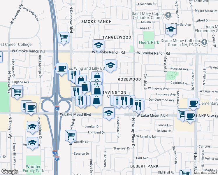 map of restaurants, bars, coffee shops, grocery stores, and more near 2140 Willowbury Drive in Las Vegas