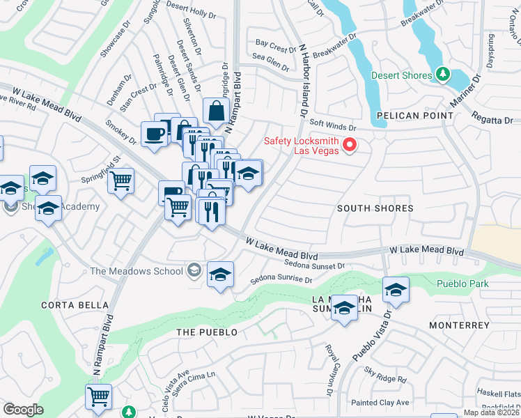 map of restaurants, bars, coffee shops, grocery stores, and more near 2121 North Harbor Island Drive in Las Vegas