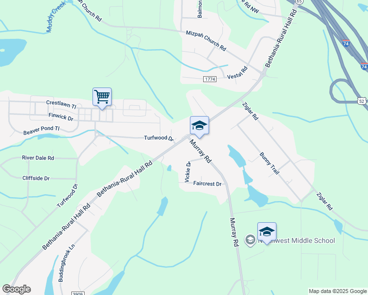 map of restaurants, bars, coffee shops, grocery stores, and more near 1403 Bethania-Rural Hall Road in Winston-Salem