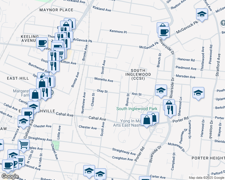 map of restaurants, bars, coffee shops, grocery stores, and more near 1413C Otay Street in Nashville