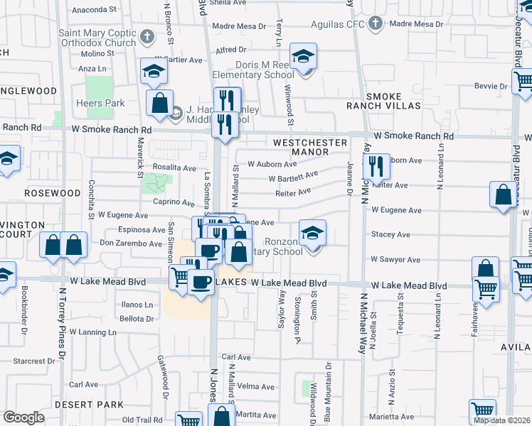 map of restaurants, bars, coffee shops, grocery stores, and more near 5813 West Balzar Avenue in Las Vegas