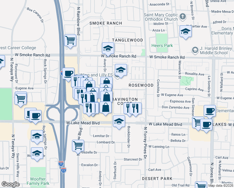 map of restaurants, bars, coffee shops, grocery stores, and more near 2128 Bavington Drive in Las Vegas