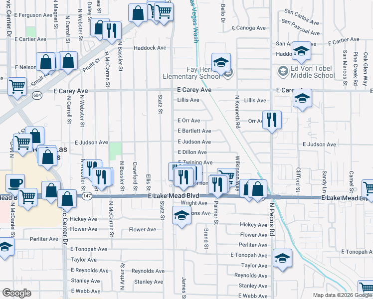 map of restaurants, bars, coffee shops, grocery stores, and more near 3104 East Dillon Avenue in North Las Vegas