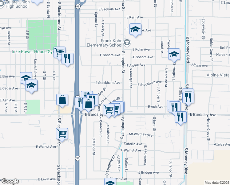 map of restaurants, bars, coffee shops, grocery stores, and more near 889 Cardoza Drive in Tulare