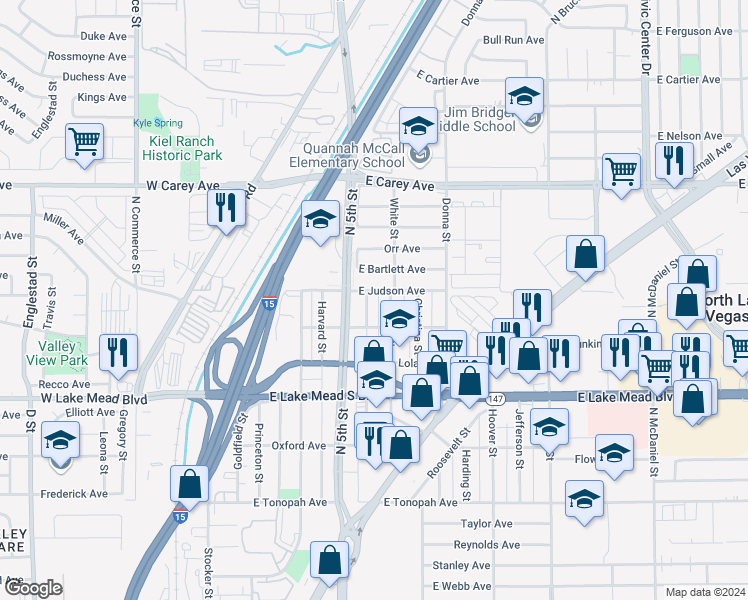 map of restaurants, bars, coffee shops, grocery stores, and more near 2120 Glider Street in North Las Vegas