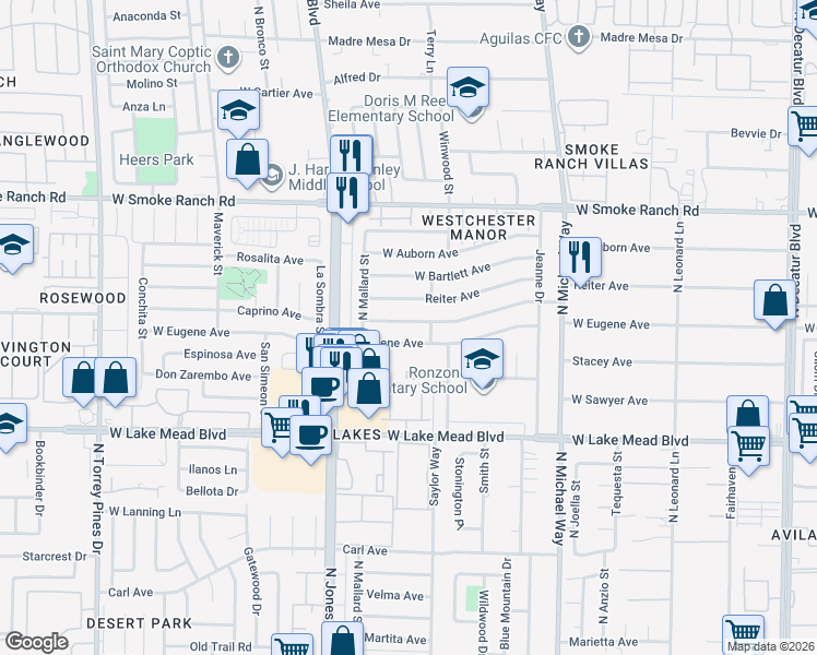 map of restaurants, bars, coffee shops, grocery stores, and more near 5813 West Balzar Avenue in Las Vegas