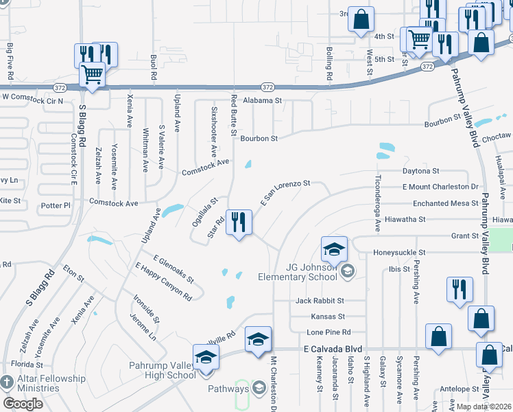 map of restaurants, bars, coffee shops, grocery stores, and more near 1301 Red Butte Street in Pahrump