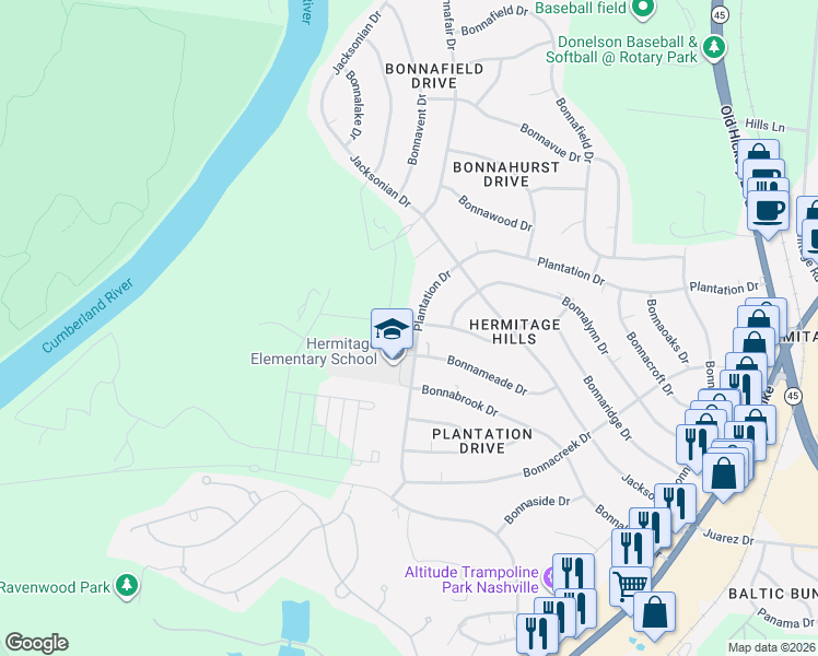 map of restaurants, bars, coffee shops, grocery stores, and more near 3818 Plantation Drive in Nashville