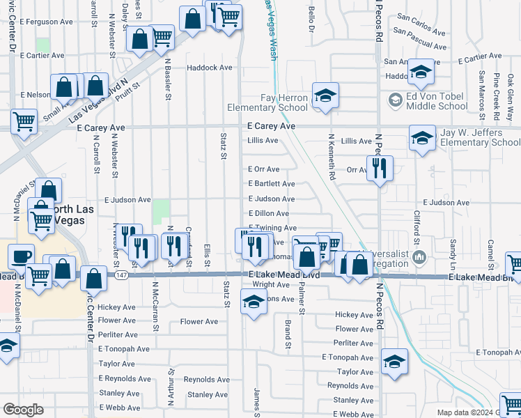 map of restaurants, bars, coffee shops, grocery stores, and more near 3104 East Dillon Avenue in North Las Vegas