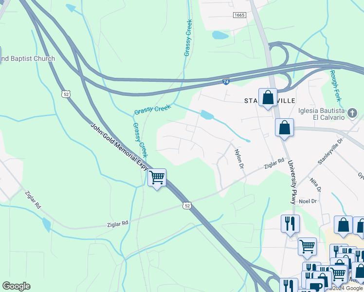 map of restaurants, bars, coffee shops, grocery stores, and more near 6371 Averlan Drive in Winston-Salem