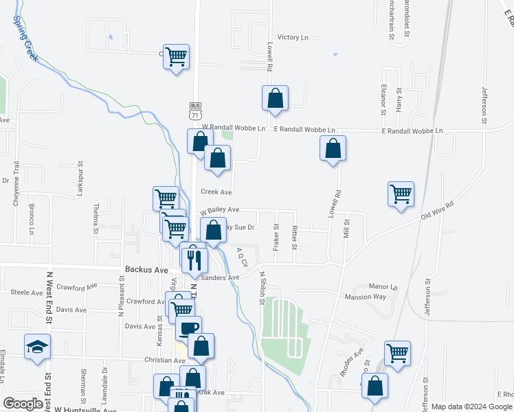 map of restaurants, bars, coffee shops, grocery stores, and more near 700 West Bailey Avenue in Springdale