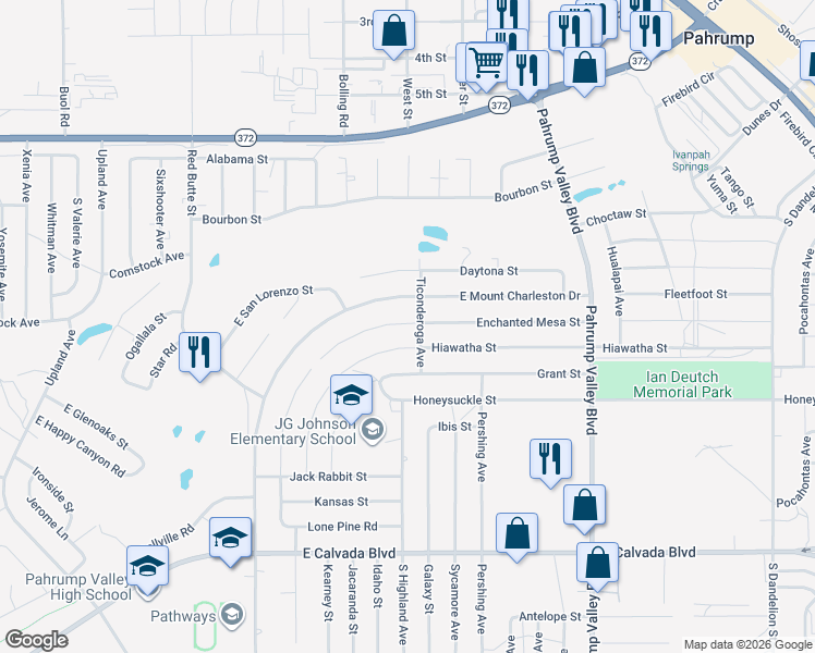 map of restaurants, bars, coffee shops, grocery stores, and more near 991 Enchanted Mesa Street in Pahrump