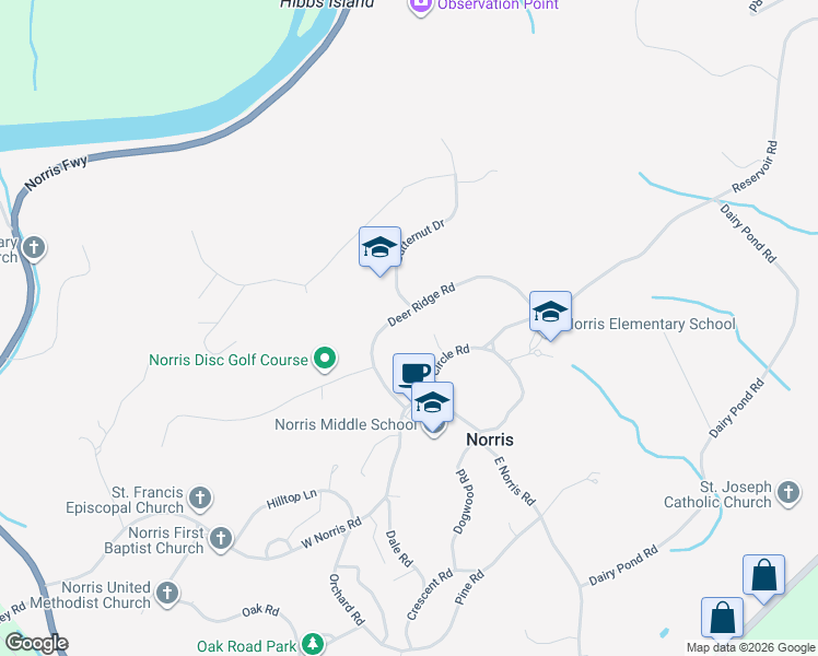 map of restaurants, bars, coffee shops, grocery stores, and more near 44 Deer Ridge Road in Norris