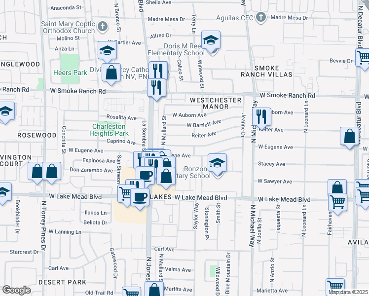 map of restaurants, bars, coffee shops, grocery stores, and more near 5816 West Balzar Avenue in Las Vegas