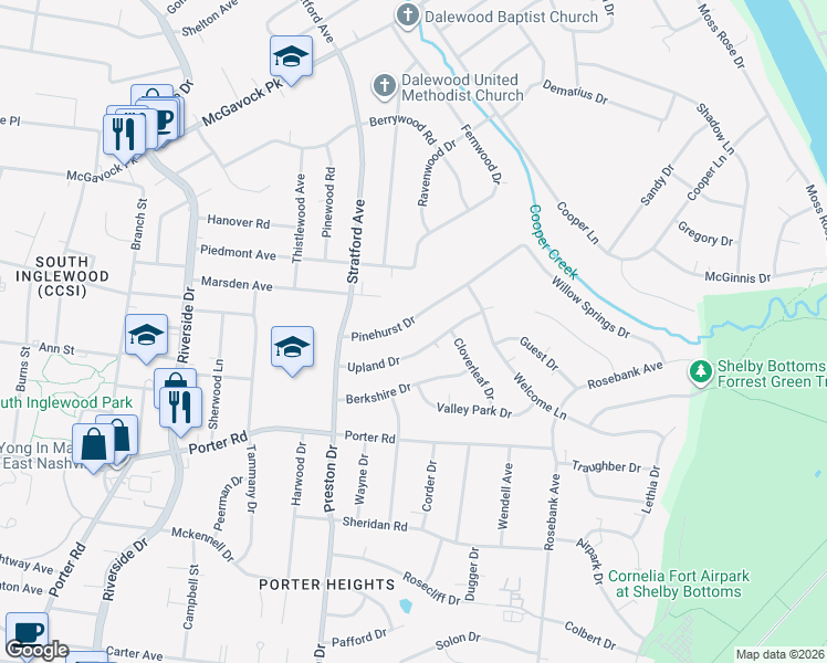 map of restaurants, bars, coffee shops, grocery stores, and more near 1918 Pinehurst Drive in Nashville