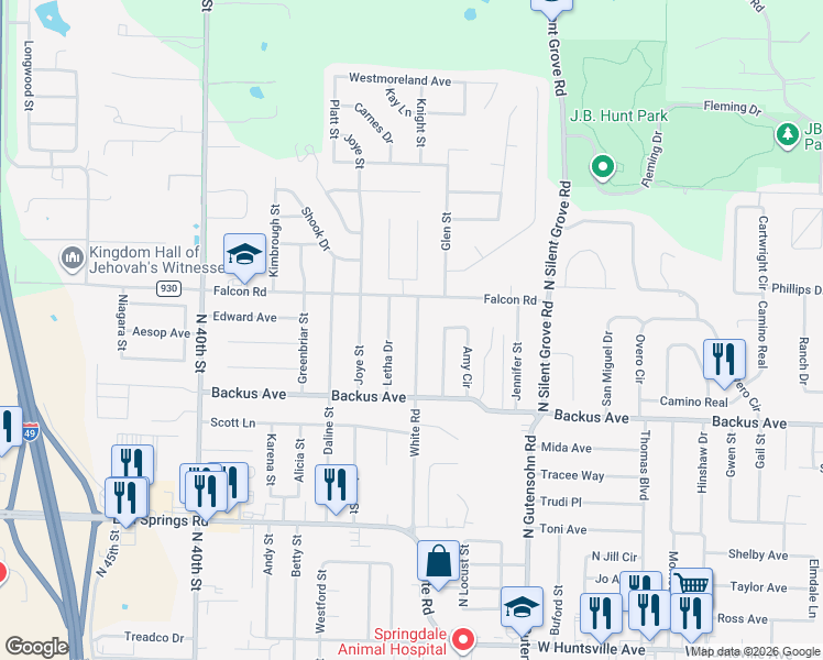 map of restaurants, bars, coffee shops, grocery stores, and more near 1507 White Road in Springdale