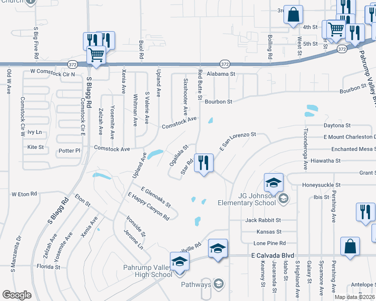 map of restaurants, bars, coffee shops, grocery stores, and more near 1381 Ogallala Street in Pahrump