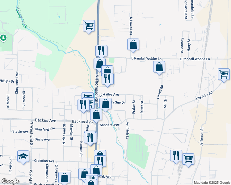 map of restaurants, bars, coffee shops, grocery stores, and more near 800 West Bailey Avenue in Springdale