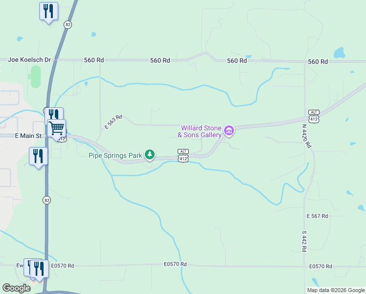 map of restaurants, bars, coffee shops, grocery stores, and more near 6592 East 563 Road in Locust Grove