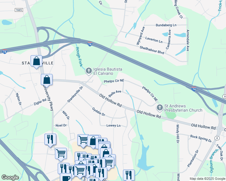 map of restaurants, bars, coffee shops, grocery stores, and more near 5640 Belle Avenue in Winston-Salem