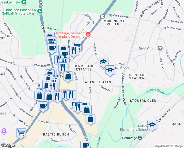 map of restaurants, bars, coffee shops, grocery stores, and more near 304 Tyler Drive in Nashville