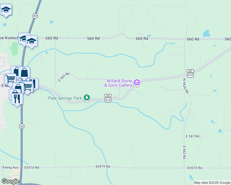 map of restaurants, bars, coffee shops, grocery stores, and more near 6592 East 563 Road in Locust Grove