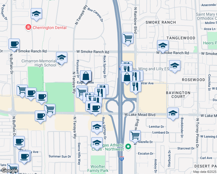map of restaurants, bars, coffee shops, grocery stores, and more near 9 Rock Springs Drive in Las Vegas