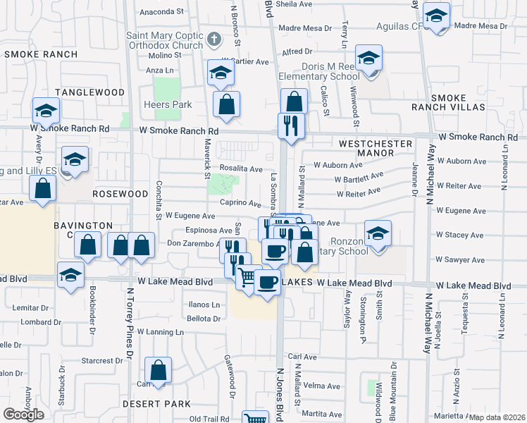 map of restaurants, bars, coffee shops, grocery stores, and more near 6125 Caprino Avenue in Las Vegas