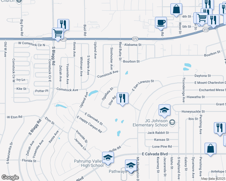 map of restaurants, bars, coffee shops, grocery stores, and more near 1361 Ogallala Street in Pahrump