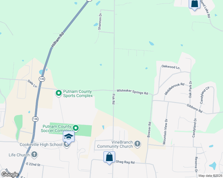 map of restaurants, bars, coffee shops, grocery stores, and more near 2616 Fisk Road in Cookeville