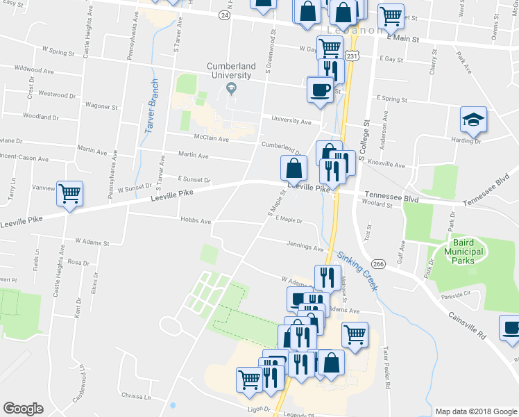 map of restaurants, bars, coffee shops, grocery stores, and more near 414 South Maple Street in Lebanon