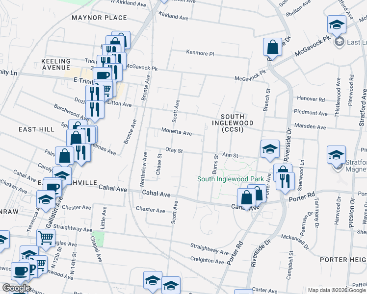 map of restaurants, bars, coffee shops, grocery stores, and more near 1413C Otay Street in Nashville