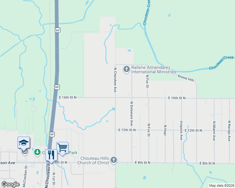 map of restaurants, bars, coffee shops, grocery stores, and more near 1604 North Cherokee Avenue in Chouteau